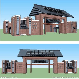 现代中式景观门草图SU模型