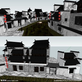 中式徽派院落建筑草图SU模型