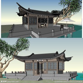 水榭亭廊景观建筑草图SU模型