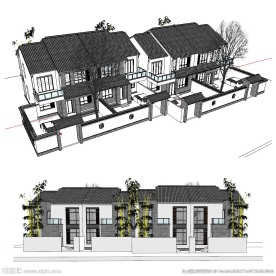 中式别墅SU模型建筑草图大师