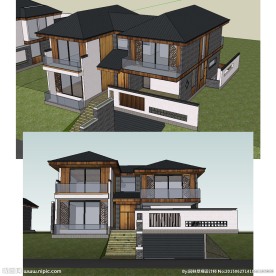 中式别墅SU模型建筑草图大师