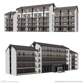 青年公寓新中式建筑草图大师SU