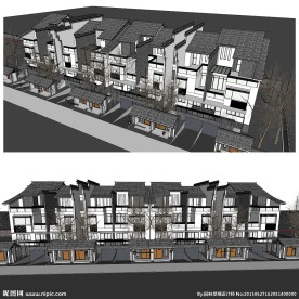 中式联排别墅建筑草图大师SU