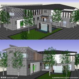 新中式会所建筑草图大师SU模型