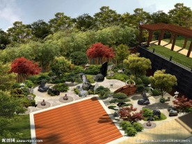 日式枯山水庭院园林景观鸟瞰效果