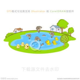 Q版卡通手绘鱼塘矢量图