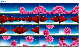 蓝天白云牡丹花开红灯笼LED