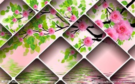 红花绿叶倒影水纹清雅分层PSD