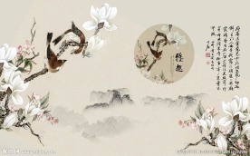 古典白色花朵诗词背景墙