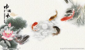 中国风锦鲤荷花背景墙