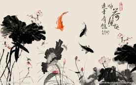 咏荷鱼趣中式水墨荷花背景墙