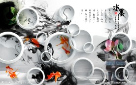 水墨龙中式书法鲤鱼电视背景墙画