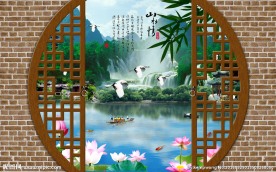 红砖拱门青山绿水中式仙境山水情
