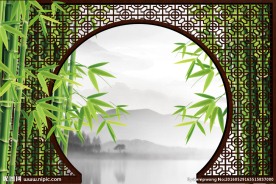 木栅格拱门竹林水雾清晨PSD图