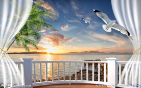 海鸥阳台窗帘海景椰树PSD设计