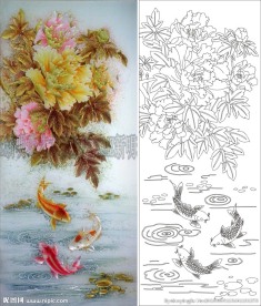 牡丹花 三鱼图 牡丹鱼