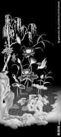 荷花柳树花鸟山水风景灰度图