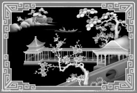 山水梅花房子浮雕灰度图