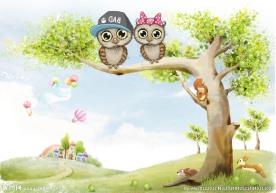卡通大树猫头鹰风景插画