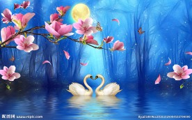 蓝色梦幻桃花天鹅背景墙