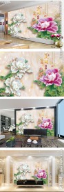 玉雕3D花开富贵中式电视背景墙