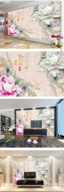 玉雕花开富贵牡丹中式电视背景墙