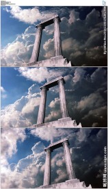 仰拍蓝天白云下的希腊寺庙