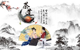 茶道中式水墨山水画背景墙