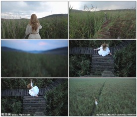 美女在草丛木桥奔跑