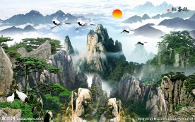 迎客松山水画中式背景墙