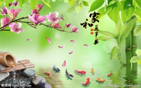 温馨桃花山水竹林背景墙