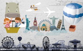 砖墙热气球卡通手绘背景墙