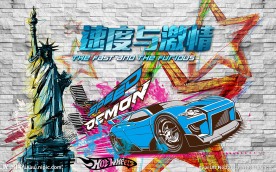 砖墙自由女神跑车背景墙