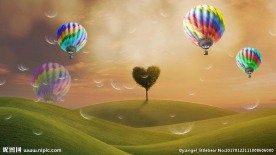 心形树热气球绿草地