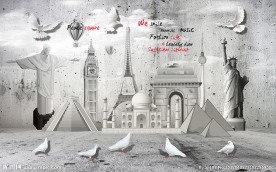 手绘世界名建筑背景墙装饰画