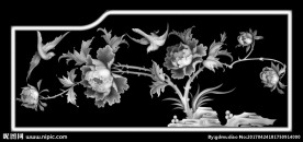 牡丹花鸟灰度图