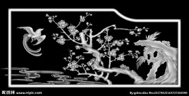 梅花鸟浮雕精雕灰度图