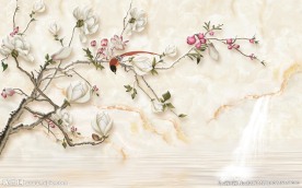 大理石山水手绘玉兰电视背景墙