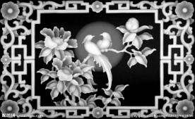 玉兰牡丹花鸟镂空边框精雕灰度图