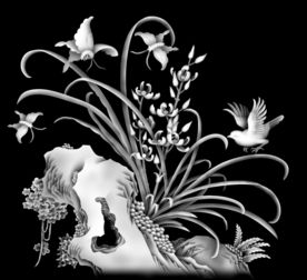 山水兰花蝴蝶精雕灰度图