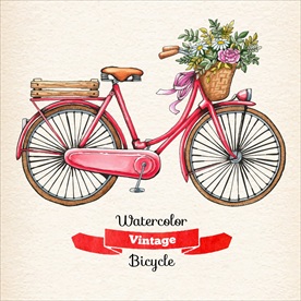 精致矢量手绘水彩老式自行车插画