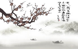 新中式手绘梅花山脉电视背景墙