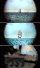 单筒望远镜视角看海面海盗帆船