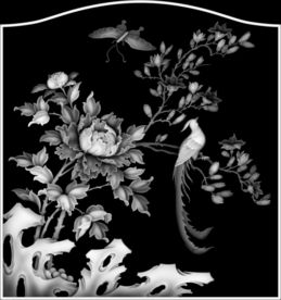 牡丹花鸟精雕浮雕灰度