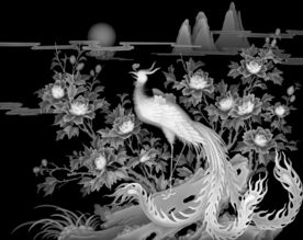 牡丹花开富贵凤凰精雕灰度