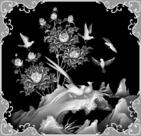 牡丹花鸟富贵花开精雕灰度浮雕
