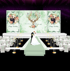 森系水彩花卉麋鹿照片墙舞台迎宾