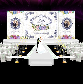 白色简约花卉婚礼婚庆舞台迎宾背