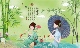 手绘中国风江南美女装饰画