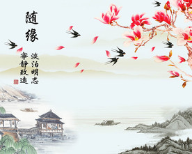 江南春水墨花鸟背景墙